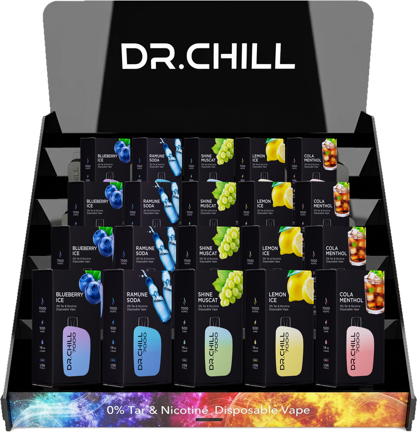 DR.CHILL 7000 の卓上什器と人気フレーバー（ブルーベリーアイス／ラムネソーダ／シャインマスカット／レモンアイス／コーラメンソール）のパッケージ5種